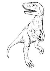 Obraz premium Vintage style vector illustration. Realistic dinosaur in sketch style. Tyrannosaurus rex, raptor. Retro outline picture. Element for design poster, print, postcard, sticker, banner, t-shirt etc.