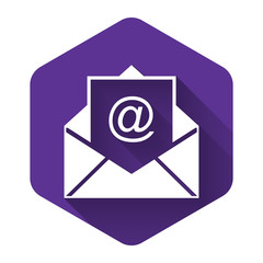 White Mail and e-mail icon isolated with long shadow. Envelope symbol e-mail. Email message sign. Purple hexagon button. Vector Illustration