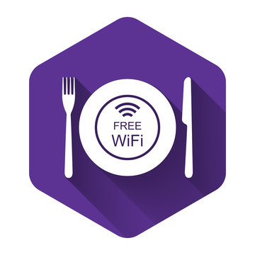 White Restaurant Free Wi-Fi zone icon isolated with long shadow. Plate, fork and knife sign. Purple hexagon button. Vector Illustration