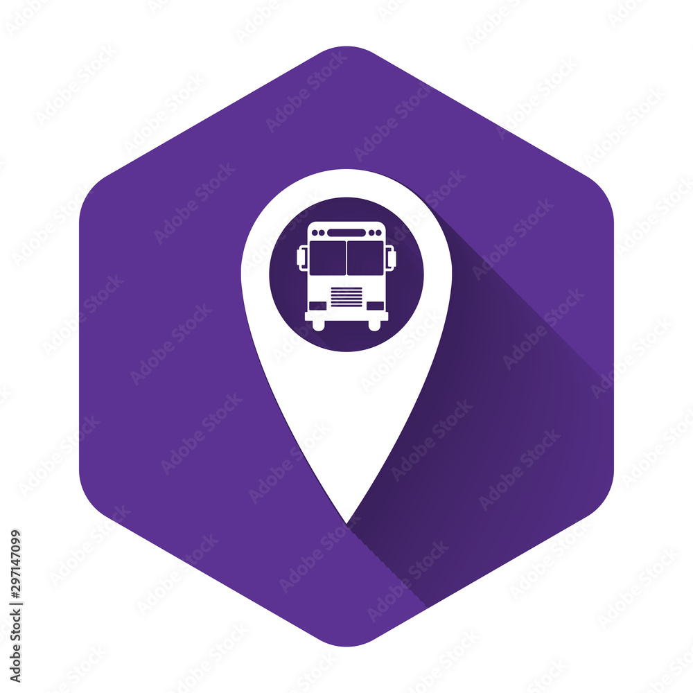 Poster white map pointer with bus icon isolated with long shadow. purple hexagon button. vector illustratio