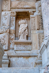 Statue of Knowledge on the exterior of the Celsus library in Ephesus Turkey