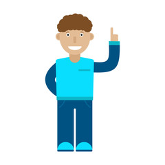 Young man pointing finger up. Vector drawing. Front view. Isolated object on a white background. Isolate.
