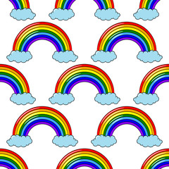 Seamless pattern. Colorful rainbow on the clouds. Vector drawing. Isolated object on a white background. Isolate. Texture.