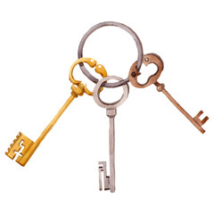 Bunch of old vintage keys. Watercolor background illustration set. Isolated key illustration element.