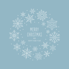 Naklejka na ściany i meble Christmas snowflakes elements wreath circle greeting card on ice blue background