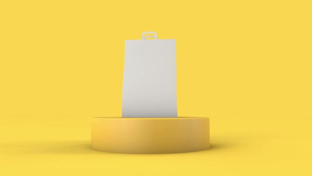 Blank paper shopping bag spinning on a yellow background. 3D Render