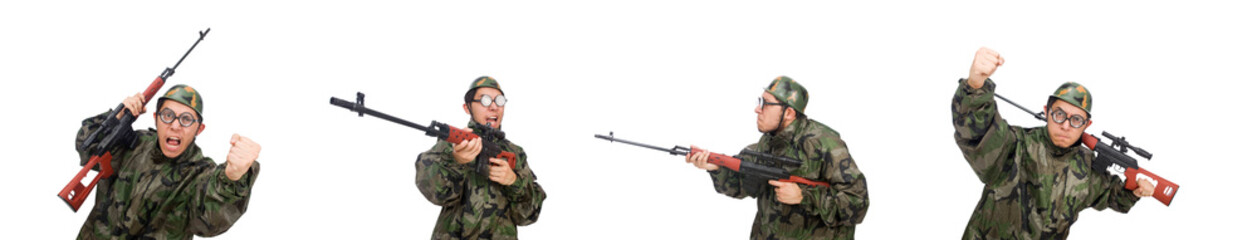 Military man with a gun isolated on white