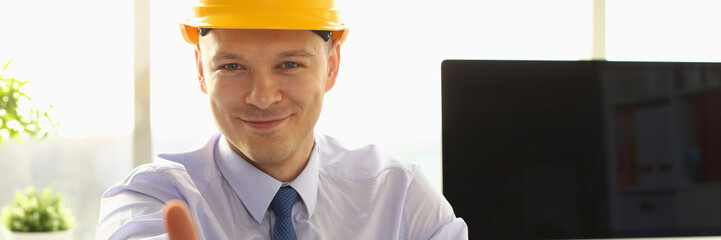 Handsome Architect Thumb Up in Engineering Office