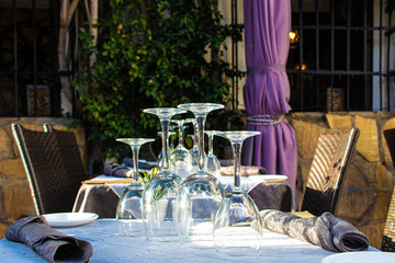 glass goblets on restaurant table terrace