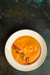 pumpkin soup (first course, delicious vegetable vitamin food) menu concept. food background. copy space. Top view