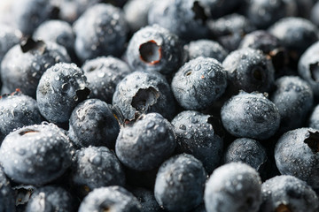 Fresh Blueberries In Drops Of Water. Close Up. Macro.