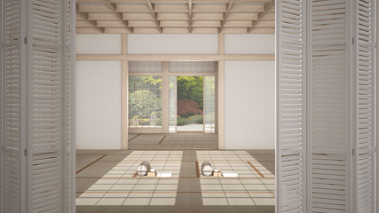 White folding door opening on empty yoga studio interior design, open space with mats, pillows and accessories, tatami, futon, zen garden, ready for yoga practice, meditation room