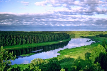Landscape view on the bend of Daugava river from sightseeing tower located in Vasargeliski, Naujene...