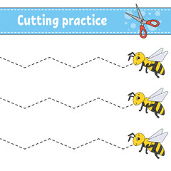 Cutting practice for kids. Education developing worksheet. Activity page with pictures. Game for children. Isolated vector illustration. Funny character. Cartoon style.