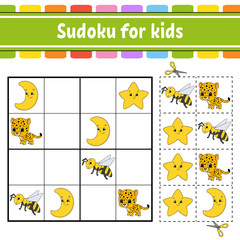 Sudoku for kids. Education developing worksheet. Activity page with pictures. Puzzle game for children. Logical thinking training. Isolated vector illustration. Funny character. Cartoon style.