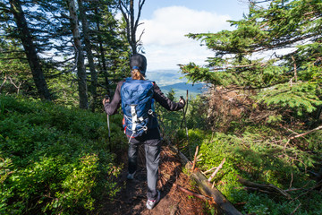 girl tourist in the woods, in the mountains.