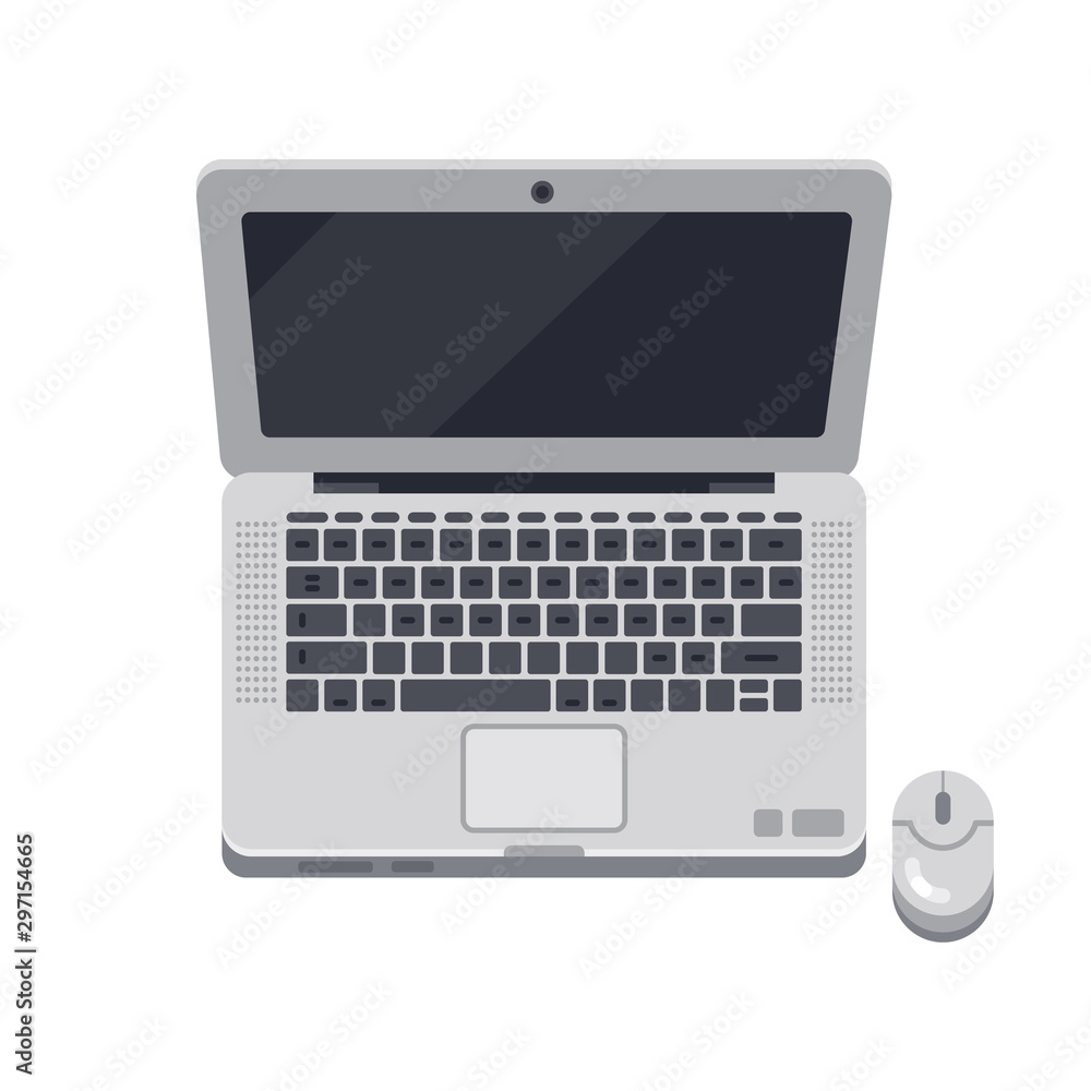 Poster open laptop. workplace with computer and mouse flat vector illustration