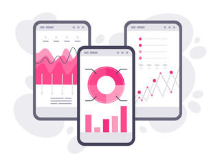 Market trend analysis on smartphones with line chart and graphs. Visualise with graph and chart marketing growth. Data analysis concept. Set of cellphones with line charts and different schedules