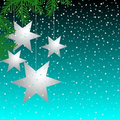 Black and blue background with confetti, silver stars and branches Christmas tree. Merry Christmas and Happy New Year.