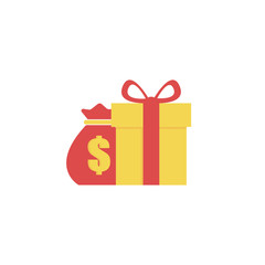 gift box with ribbon, bonus money, earn points, loyalty program, win prize, cash back for purchase, birthday present, vector flat icon and white background