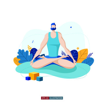 Trendy flat illustration. Man doing yoga. Activity. Fitness. Life style.Template for your design works. Vector graphics.