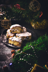 Christmas cookies Stollen on a Christmas rustic background