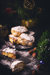 Christmas cookies Stollen on a Christmas rustic background