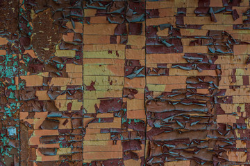 Texture of cracked brown and blue wall background. Old cracked background.