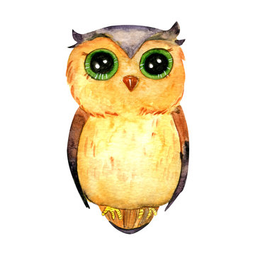 Watercolor funny kids illustration with owl. Hand drawn animal drawing. Owl bird painting. Perfect for t-shirts,cards,prints,postcards. isolated on a white background. cartoon Halloween objects