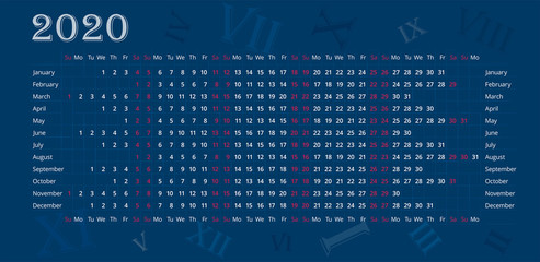 Wall calendar of 2020 year on deep blue background with Roman numerals. Sundays and saturdays is highlighted red. Vector editable template. Horizontal poster