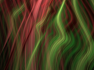 Abstract Design, Digital Illustration - Green and Red Rays of Light, Warped Parallel Lines with Alternating Colors, Bands of Color, Soft Gradients, colored gradient.