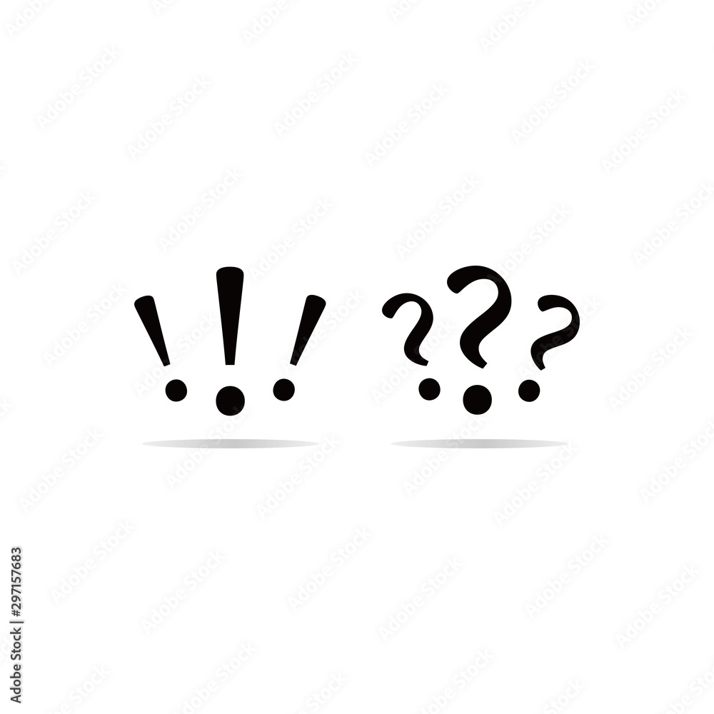 Poster question and exclamation marks isolated with shadow in white background.