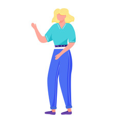 Standing young woman flat vector illustration. Active sociable student in casual clothes. Dancing youngster. Full body gesturing blonde girl isolated cartoon character on white background