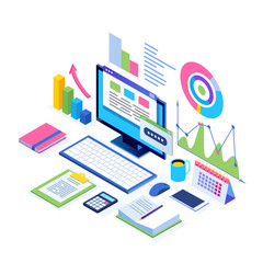 Data analysis. Digital financial reporting, seo, marketing. Business management, development. 3d isometric laptop, computer, pc with graph, chart, statistic. Vector design for website