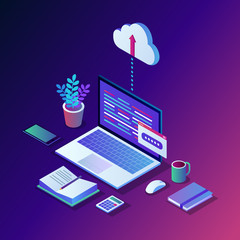 Cloud storage technology. Data backup. 3d isometric laptop, computer, pc with mobile phone isolated on background. Hosting service for website. Vector design for banner
