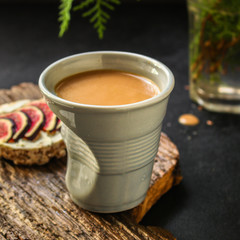 healthy food, sandwich, crisp bread, figs, coffee (breakfast or snack, cream cheese, butter, yogurt) menu concept. food background. copy space. Top view