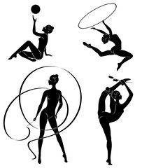 Collection. Rhythmic gymnastics. Silhouette of a girl with maces, ball, ribbon, hoop. Beautiful gymnast. The woman is slim and young. Vector illustration of a set.