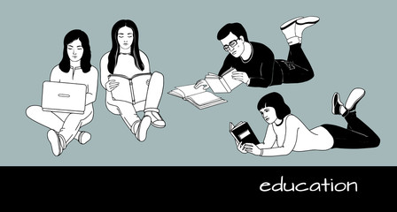 The young man and girls reads books. Vector illustration.