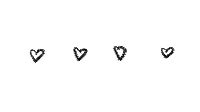 A row of four hand drawn hearts shrinking and growing synchronously. Black and white concept animation for relationships, love, family related topics. 24 FPS.