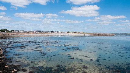 View from Salthill beach of calm waters of Galway bay on a summer day.