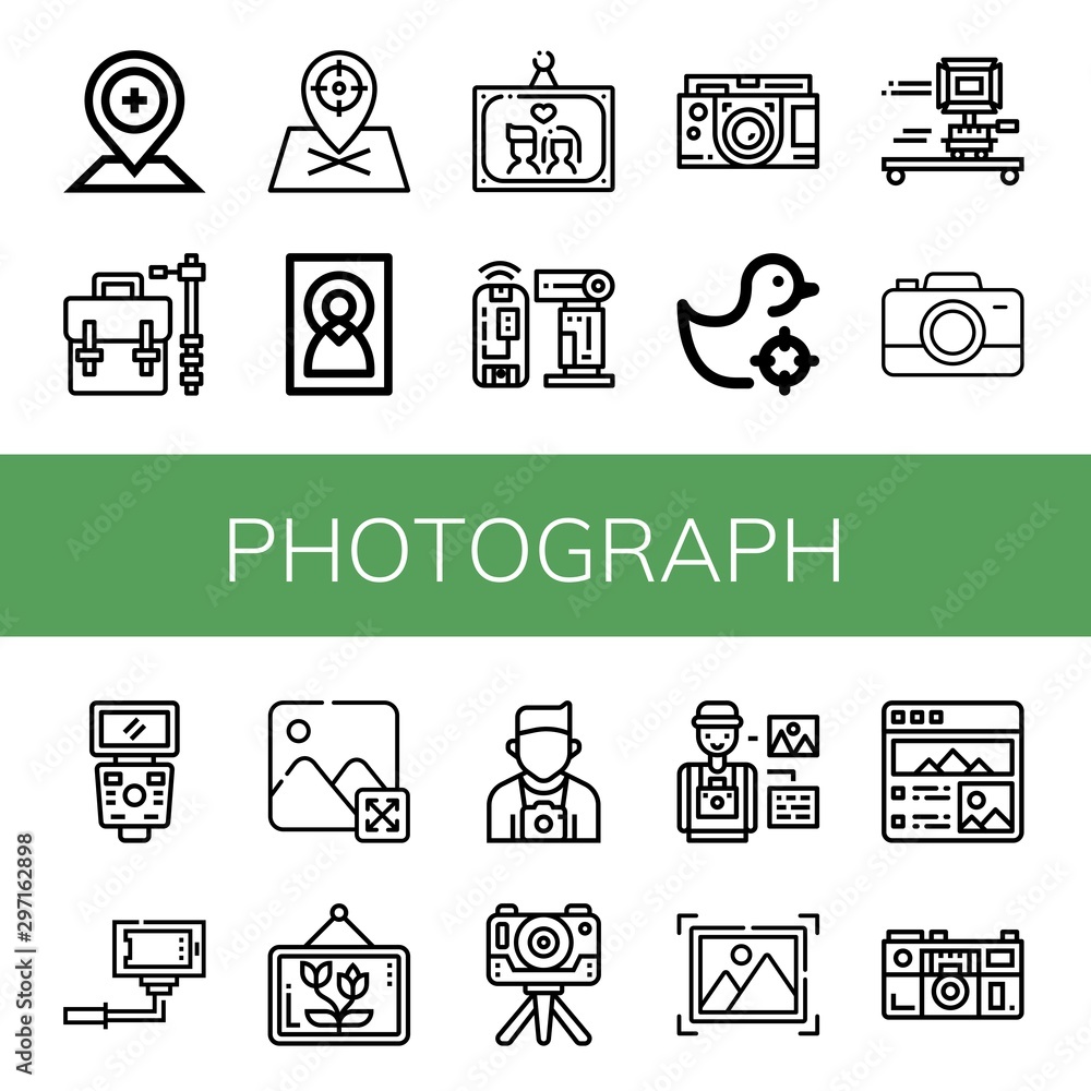 Wall mural Set of photograph icons such as Placeholder, Camera bag, Image, Wedding photo, Flash, Camera, Shooting gallery, Selfie, Picture, Photographer , photograph