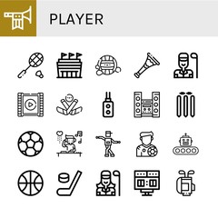 Set of player icons such as Trumpet, Badminton, Stadium, Waterpolo, Golfer, Video player, Ice hockey, Remote control, Home theater, Cricket stump, Soccer ball, DJ, Shuffle , player