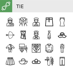 Set of tie icons such as Bow tie, Broker, Suit, Taxi driver, Skirt, Bow, Blouse, Necktie, Pamela, Clothes, Office, Hoodie, Tuxedo, Pamela hat, Lavalier, Trousers , tie