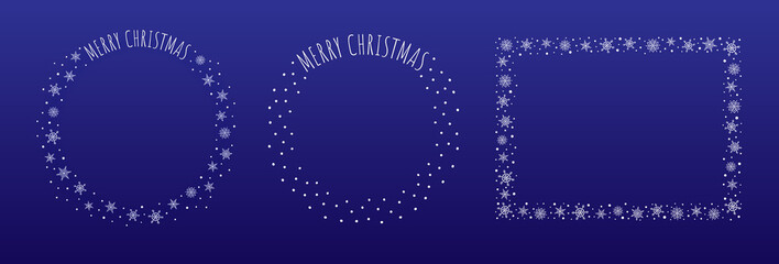 Set of three Christmas decorative borders made of snowflakes and snow dots. Greeting text “Merry Christmas” written in thin block letters. Two round, one rectangular frame. White on blue background.