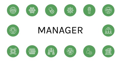 Set of manager icons such as Woman, Structure, Development, Team, Tuxedo, Man, Users, Manage, Developer, Contract, Time management , manager