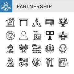 Set of partnership icons such as Team, User, Table, Collaboration, Goal, Man, People, Home team, Organization, Manager, Developer, Skills, Coach, Broker, Management , partnership