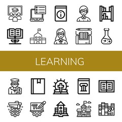Set of learning icons such as Class, Knowledge, Ebook, School, Book, Teacher, Bookshelf, Chemical, Professor, Mortarboard, Mathematics, Bible, History book, Books , learning