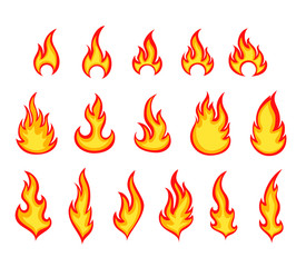 Cartoon fire flames color vector illustrations set