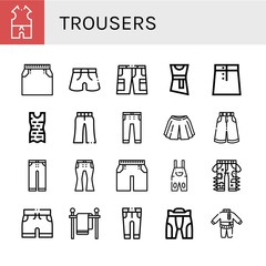 Set of trousers icons such as Clothes, Skirt, Shorts, Blouse, Trousers, Jeans, Overall, Clothes line, Pant , trousers