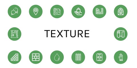 Set of texture icons such as Arepas, Russia, Fabric, Handle with care, Brick, Stained glass window, Wall, Brick wall, Blur, Wafer, Football field, Chainmail, Backdrop , texture